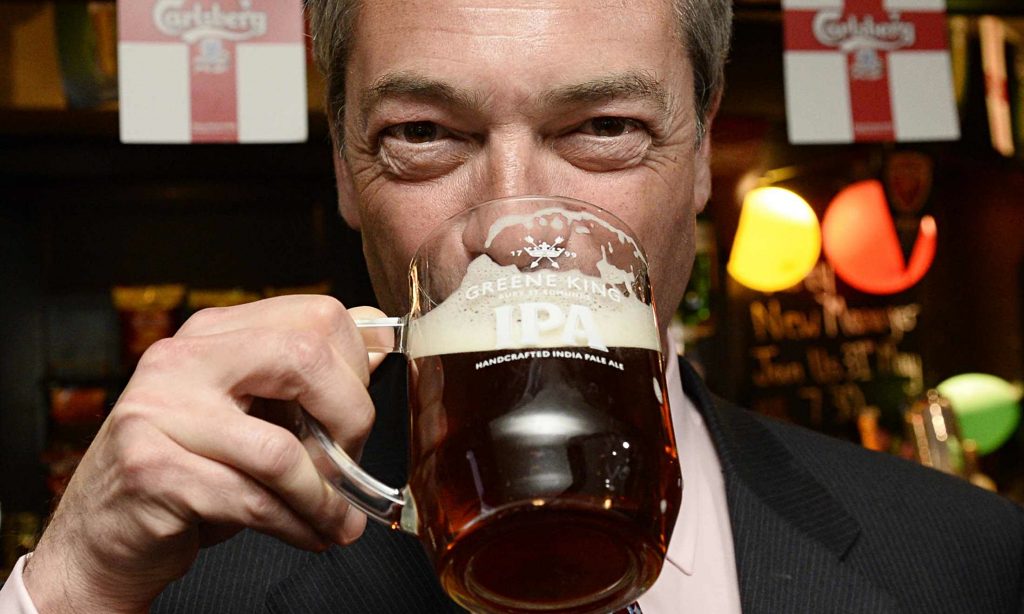 Nigel Farage has a pint at the Hoy and Helmet pub in South Benfleet